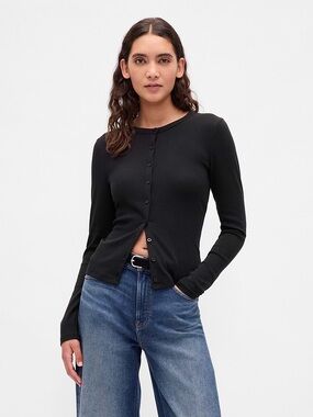 GAP Modern Crewneck Black Cotton Button Up Long Sleeve Cardigan
